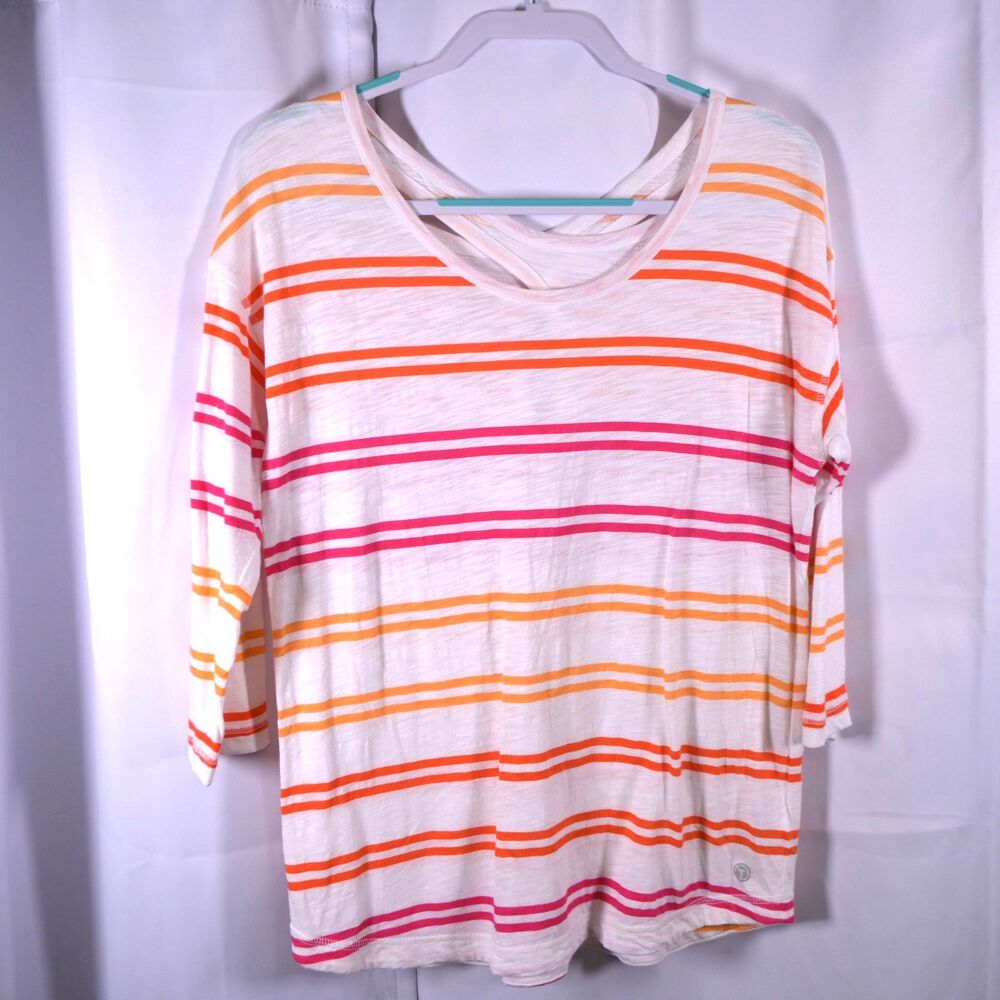 T by‎ Talbots White Orange Pink Stripe Scoop Neck 3/4 Tee Women's Medium